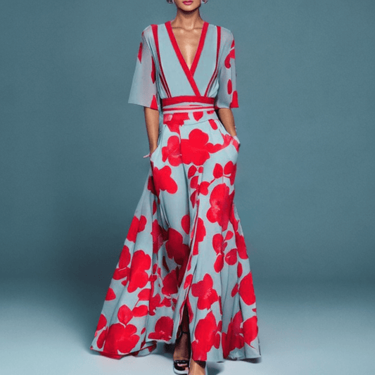 Deep V Wrap Collar Bell Sleeve Floral Print Tiered Maxi Skirt Set