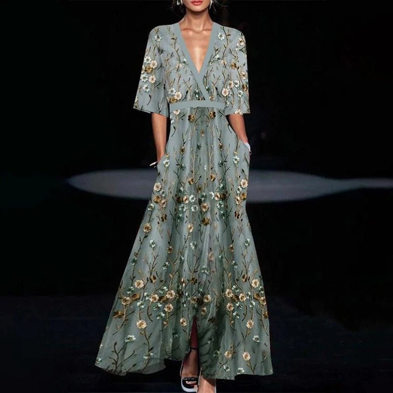 Deep V Wrap Collar Bell Sleeve Floral Print Tiered Maxi Skirt Set