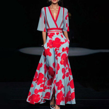 Deep V Wrap Collar Bell Sleeve Floral Print Tiered Maxi Skirt Set