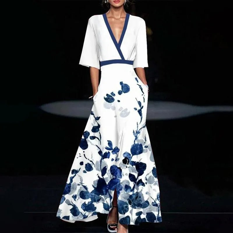 Deep V Wrap Collar Bell Sleeve Floral Print Tiered Maxi Skirt Set