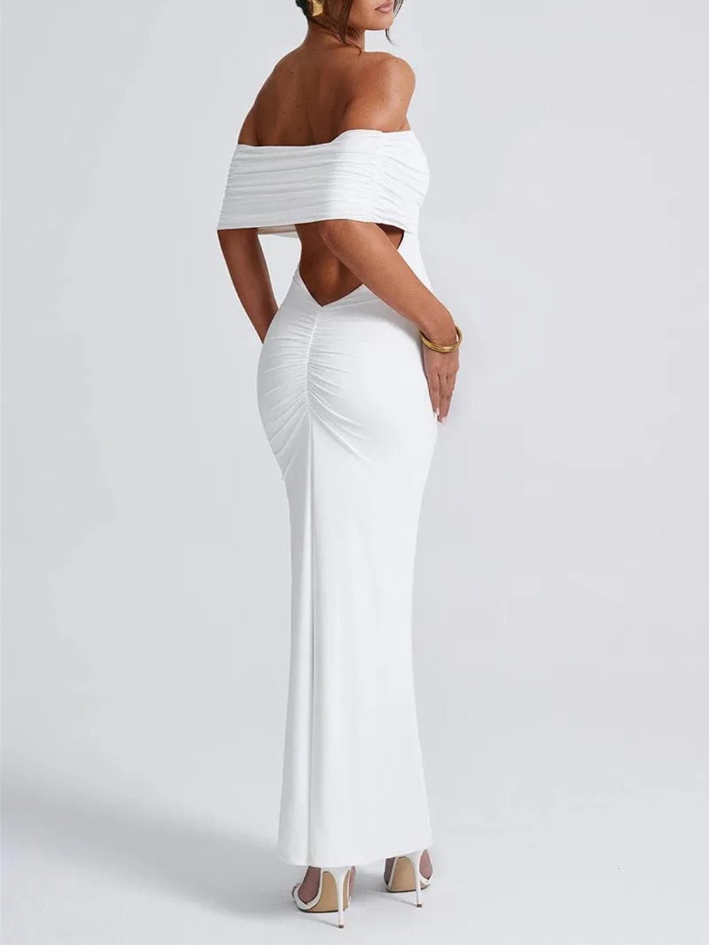 Off-Shoulder Ruched Foldover Bardot Bodycon Column Maxi Dress