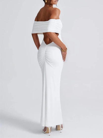 Off-Shoulder Ruched Foldover Bardot Bodycon Column Maxi Dress