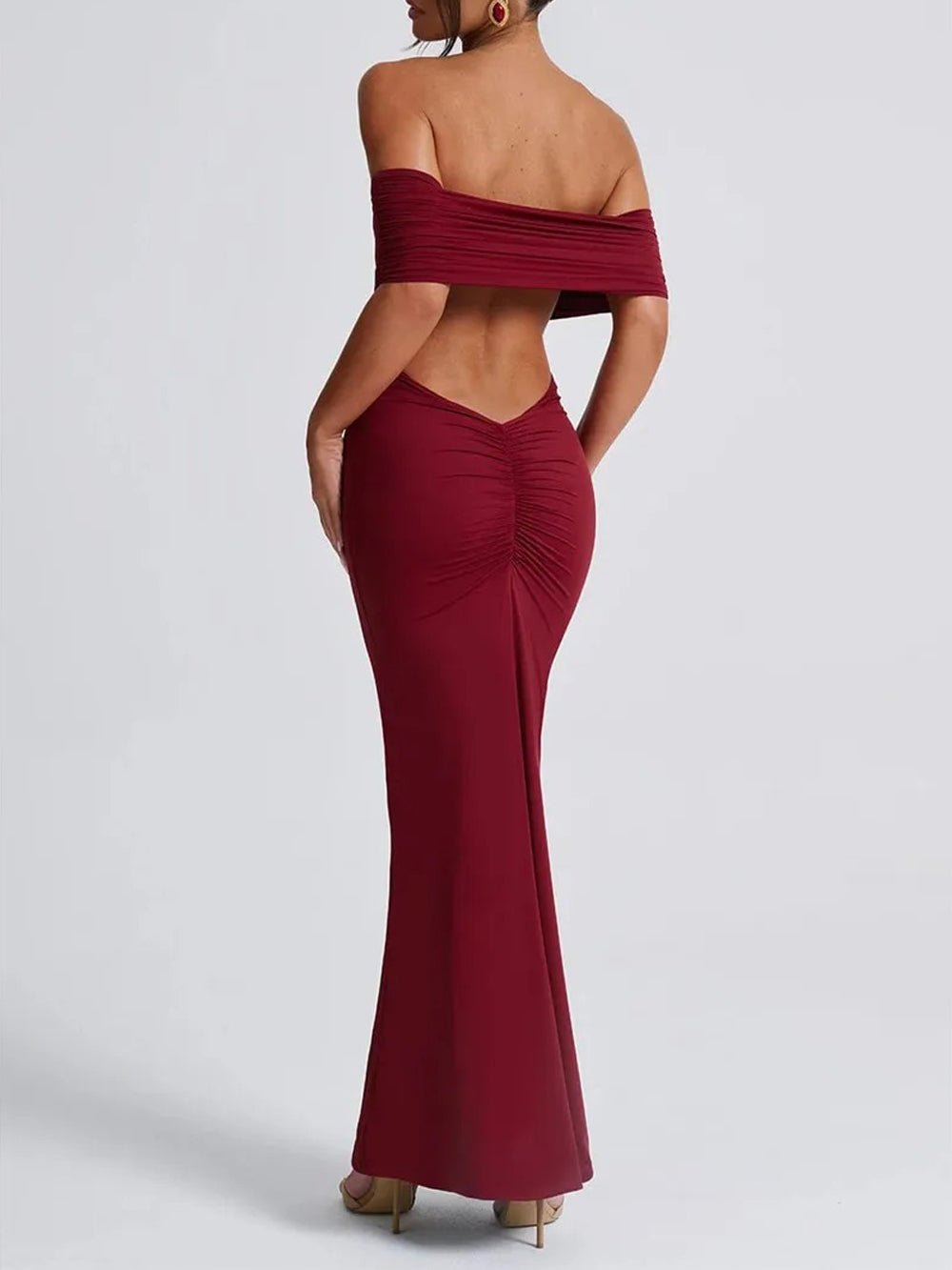 Off-Shoulder Ruched Foldover Bardot Bodycon Column Maxi Dress