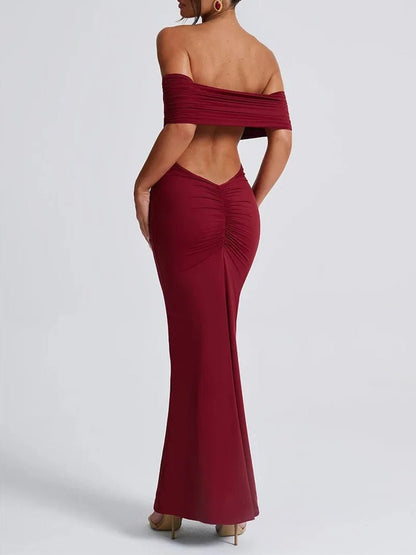 Off-Shoulder Ruched Foldover Bardot Bodycon Column Maxi Dress