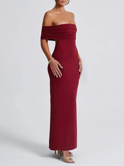 Off-Shoulder Ruched Foldover Bardot Bodycon Column Maxi Dress