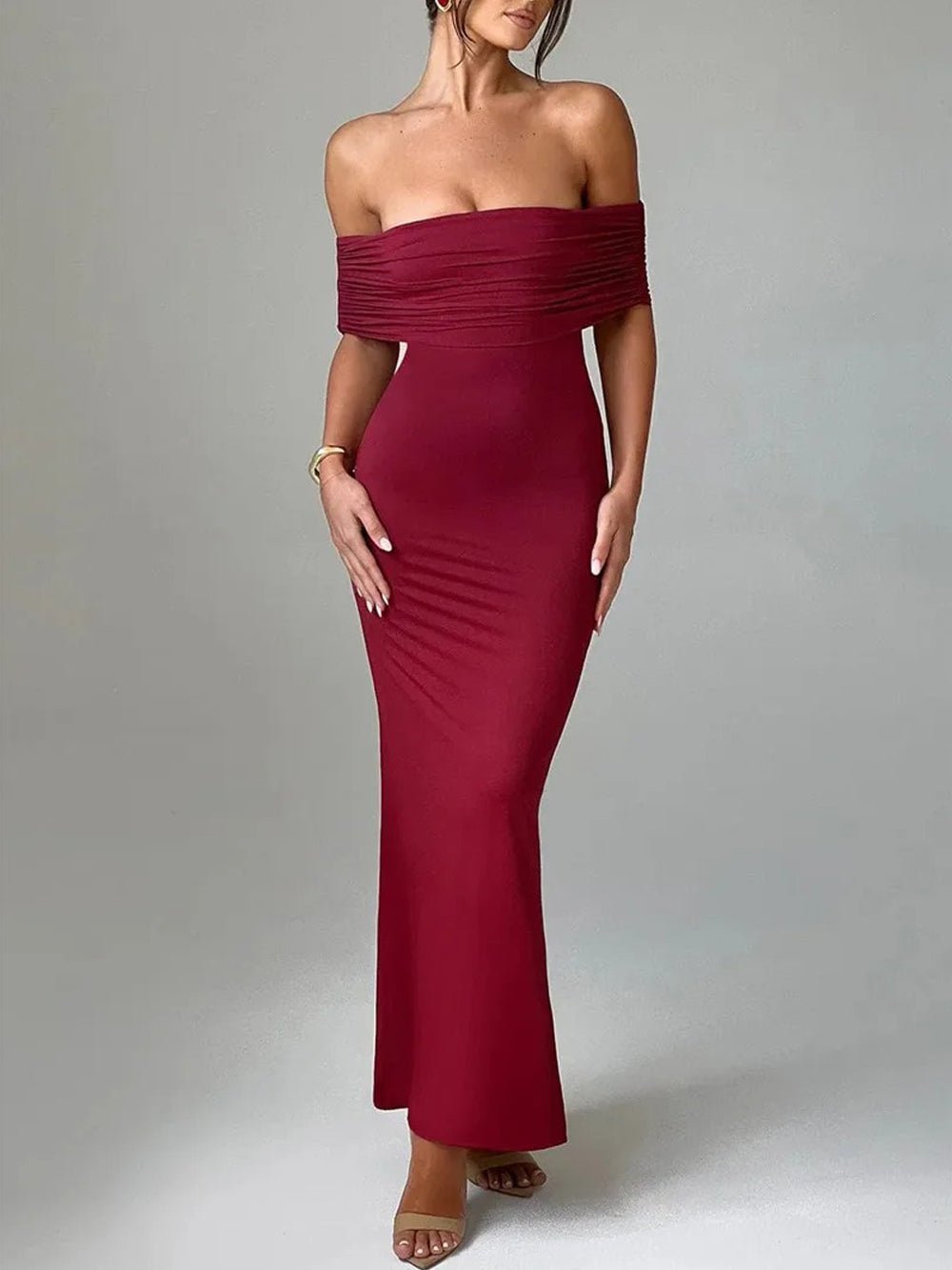 Off-Shoulder Ruched Foldover Bardot Bodycon Column Maxi Dress