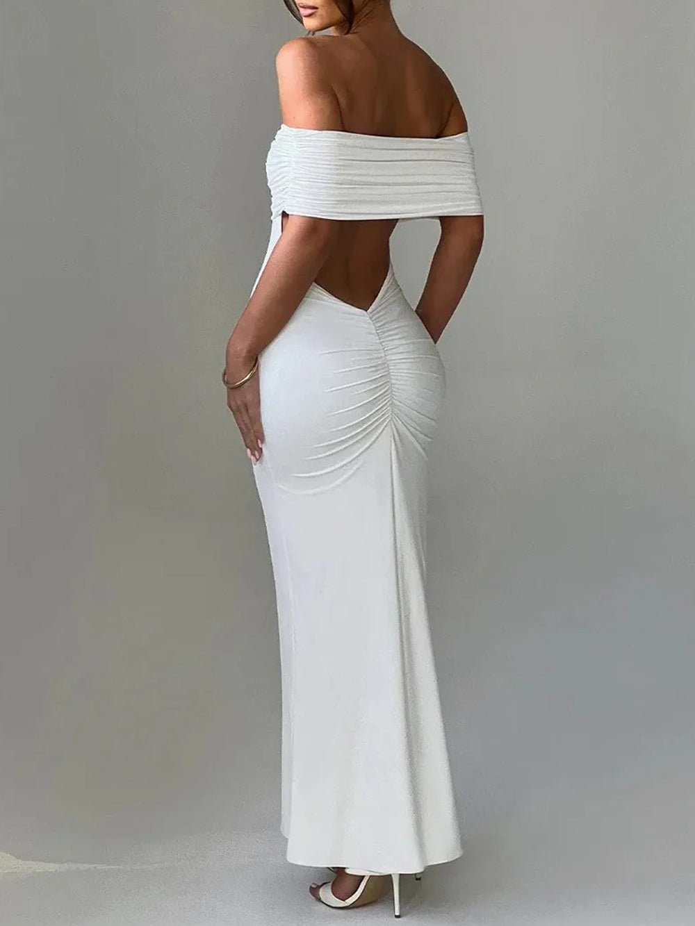 Off-Shoulder Ruched Foldover Bardot Bodycon Column Maxi Dress