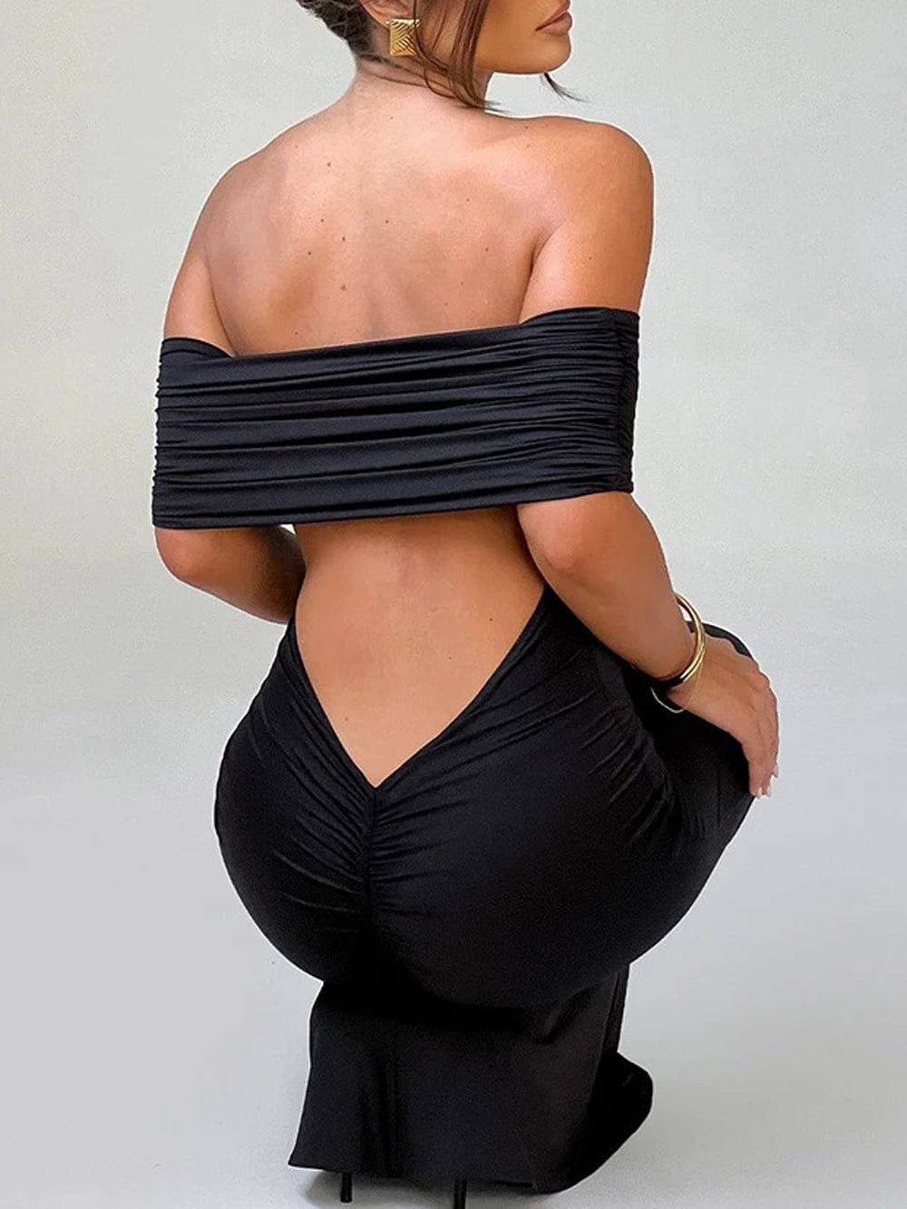 Off-Shoulder Ruched Foldover Bardot Bodycon Column Maxi Dress