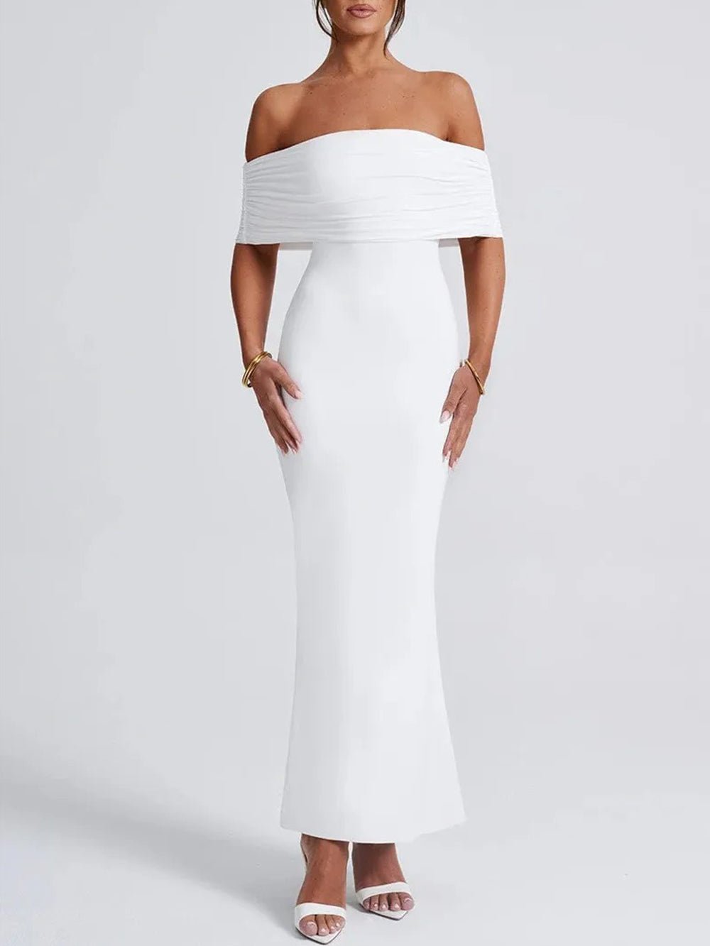 Off-Shoulder Ruched Foldover Bardot Bodycon Column Maxi Dress