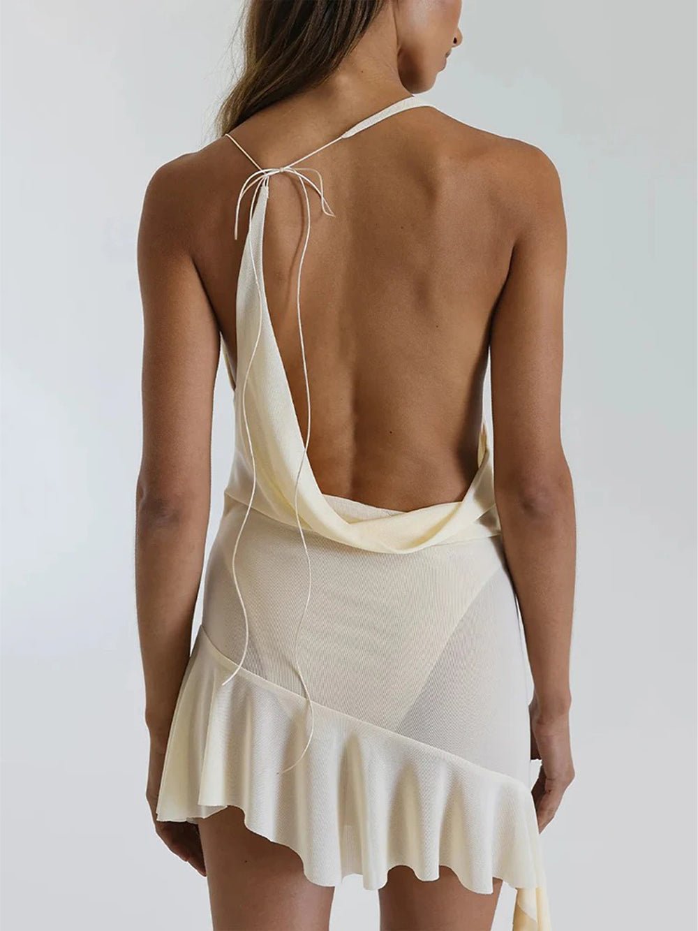 Cowl Neck Halter Asymmetrical Cascading Ruffle Hem Mini Dress