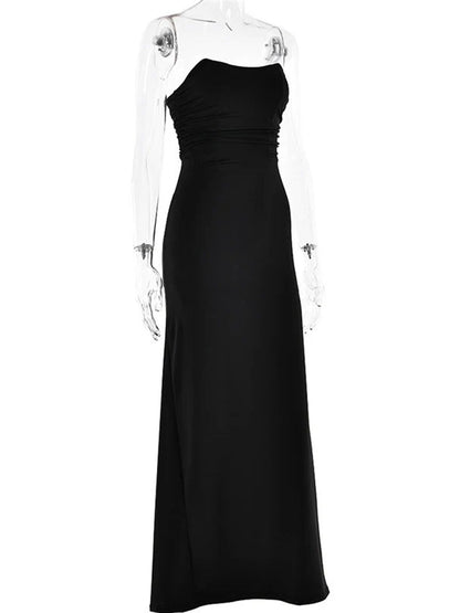 Strapless Horizontal Ruched Waist Bodycon Column Maxi Dress