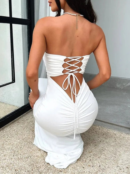 Strapless Horizontal Ruched Waist Bodycon Column Maxi Dress