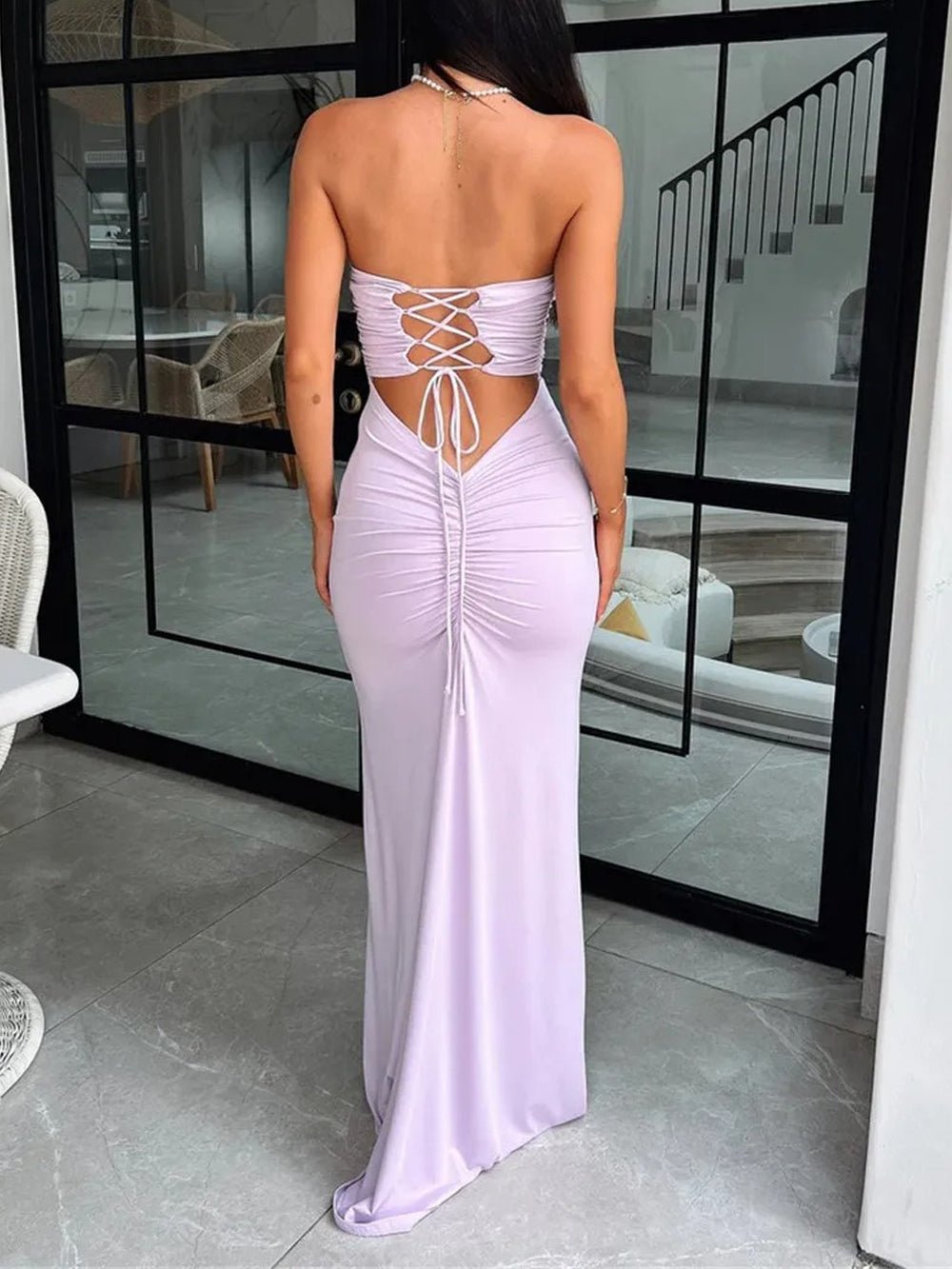 Strapless Horizontal Ruched Waist Bodycon Column Maxi Dress