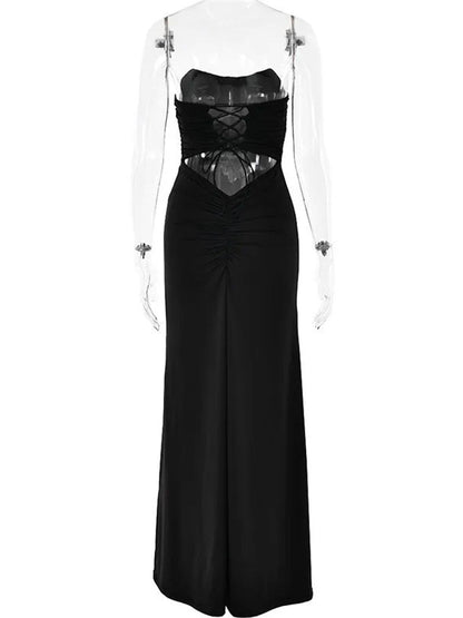 Strapless Horizontal Ruched Waist Bodycon Column Maxi Dress