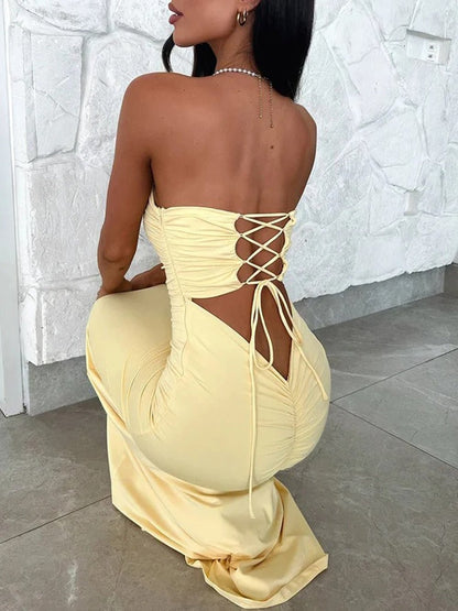Strapless Horizontal Ruched Waist Bodycon Column Maxi Dress