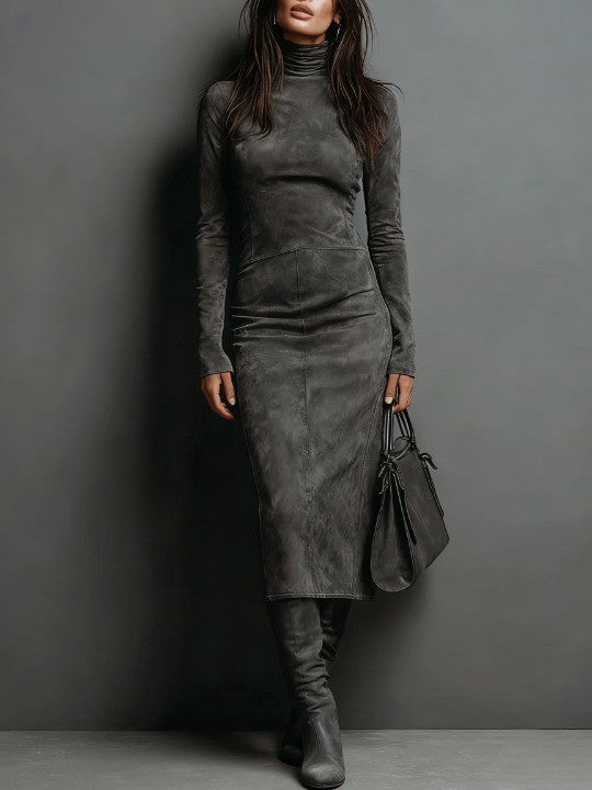 Suede Look Turtleneck Long Sleeve Bodycon Midi Dress