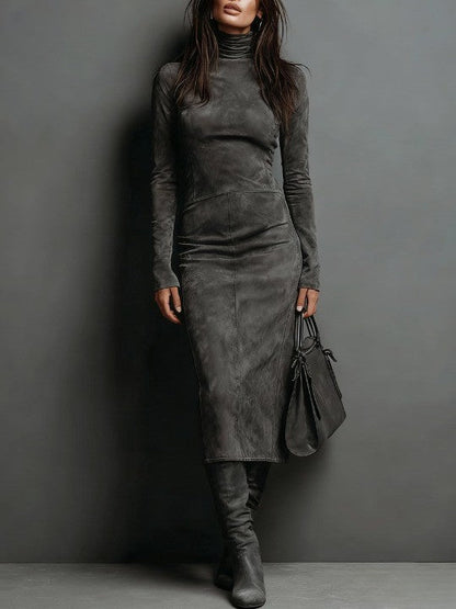 Suede Look Turtleneck Long Sleeve Bodycon Midi Dress