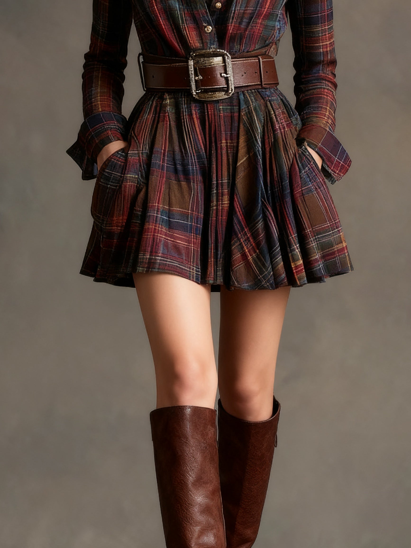 Plaid Collared Button Front Flap Pocket Pleated Belted Midi Shirt Dress