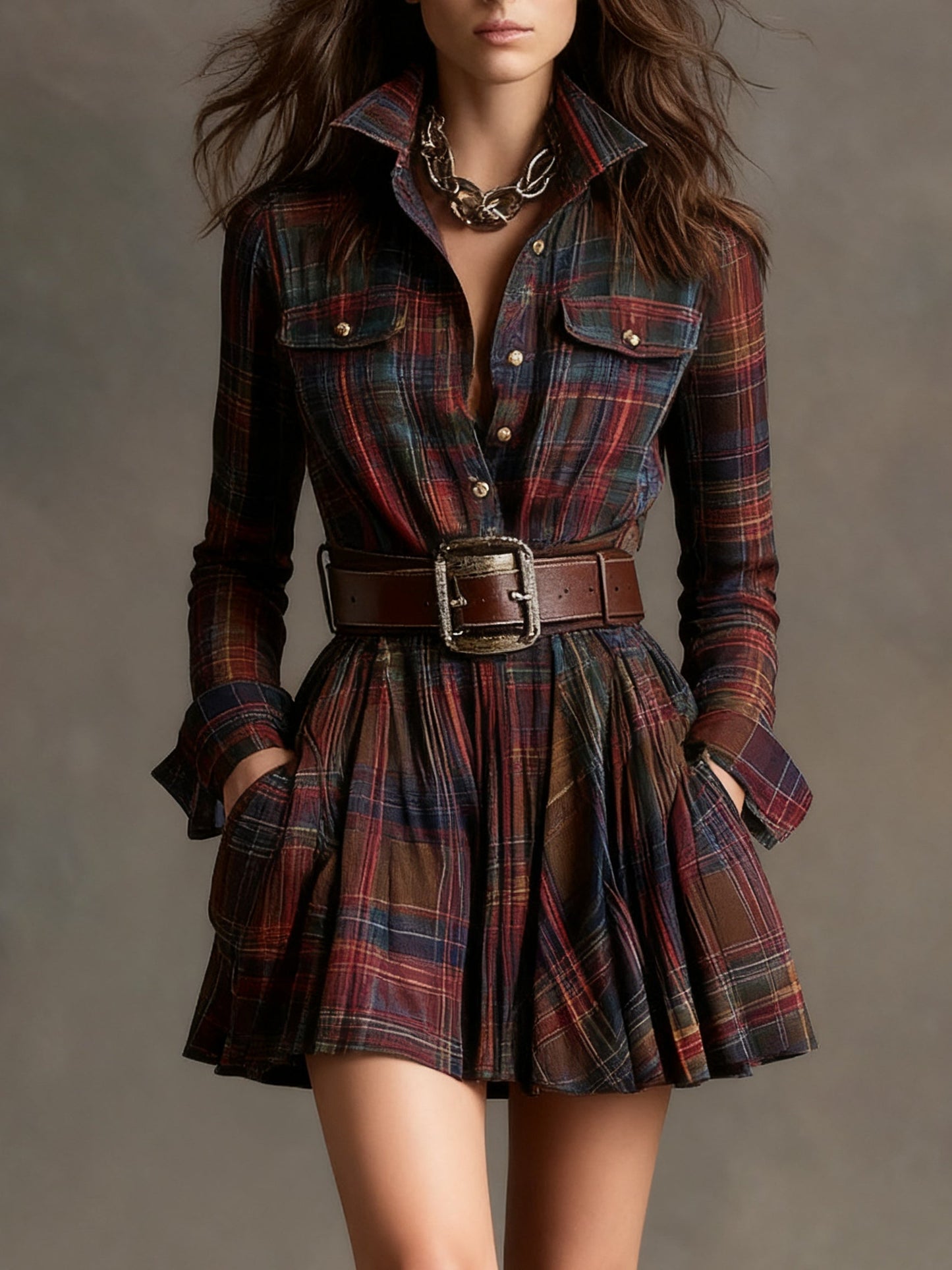 Plaid Collared Button Front Flap Pocket Pleated Belted Midi Shirt Dress