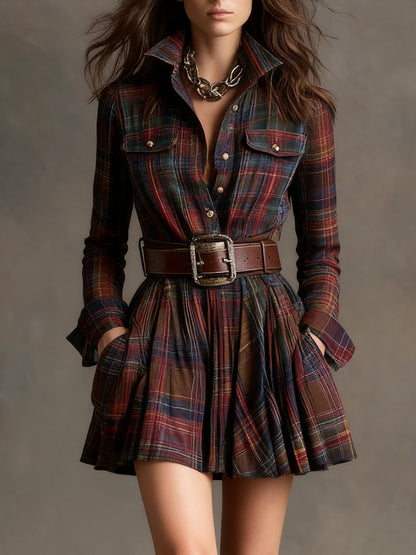Plaid Collared Button Front Flap Pocket Pleated Belted Midi Shirt Dress