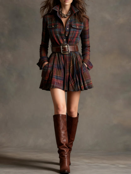 Plaid Collared Button Front Flap Pocket Pleated Belted Midi Shirt Dress