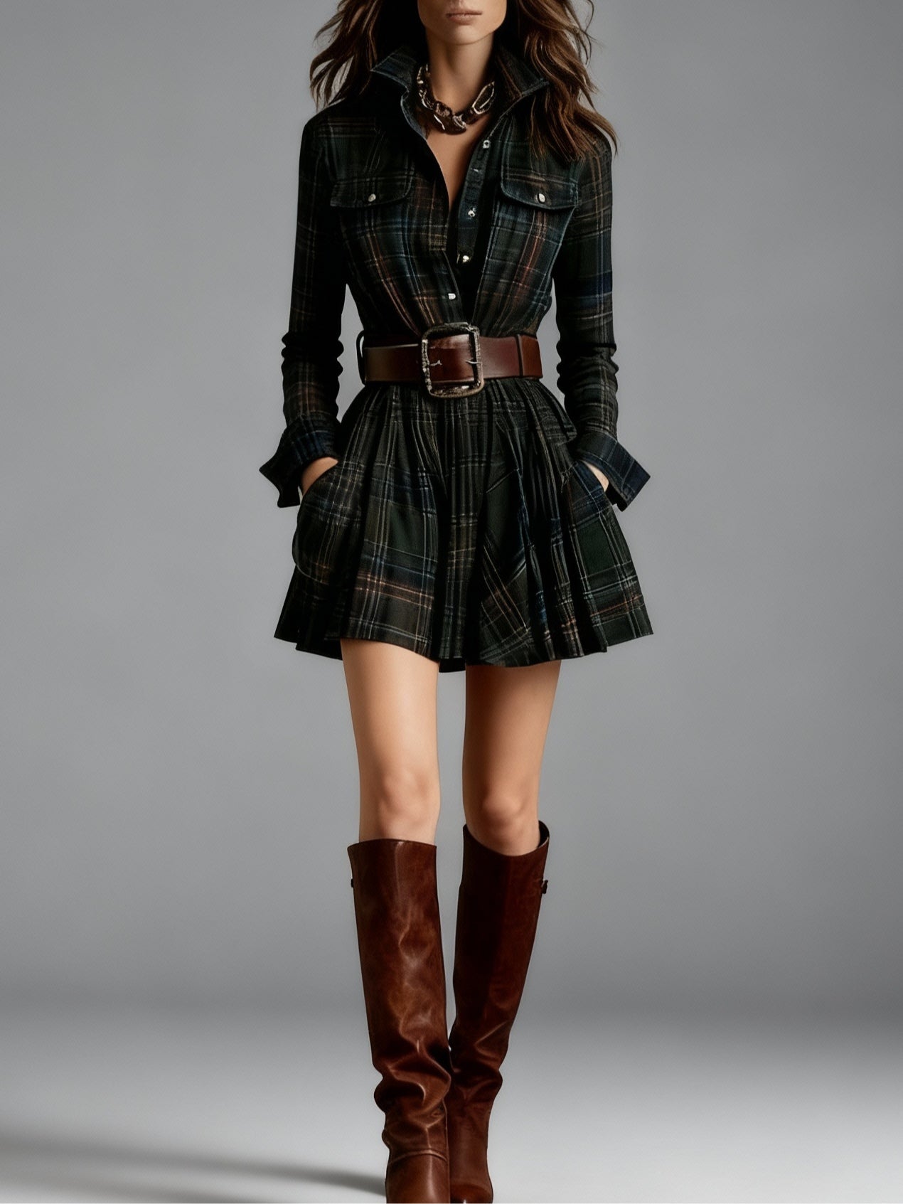 Plaid Collared Button Front Flap Pocket Pleated Belted Midi Shirt Dress