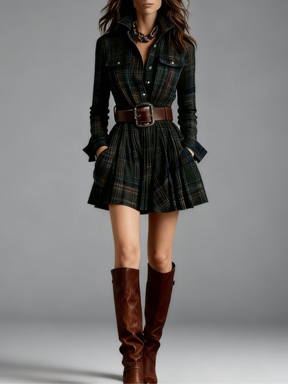 Plaid Collared Button Front Flap Pocket Pleated Belted Midi Shirt Dress