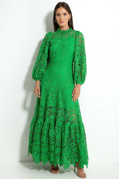 Guipure Lace Mock Neck Bishop Sleeve Tiered Ruffle Hem Maxi Dress