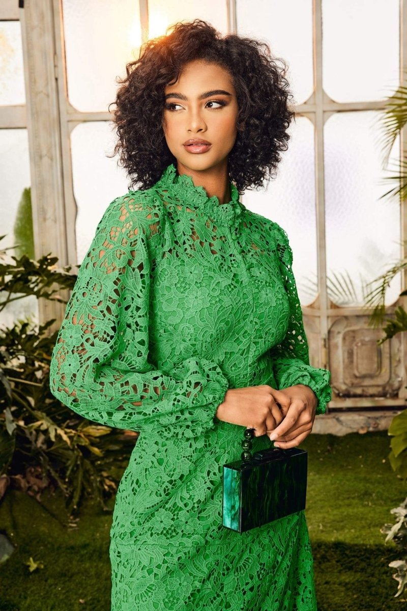 Guipure Lace Mock Neck Bishop Sleeve Tiered Ruffle Hem Maxi Dress