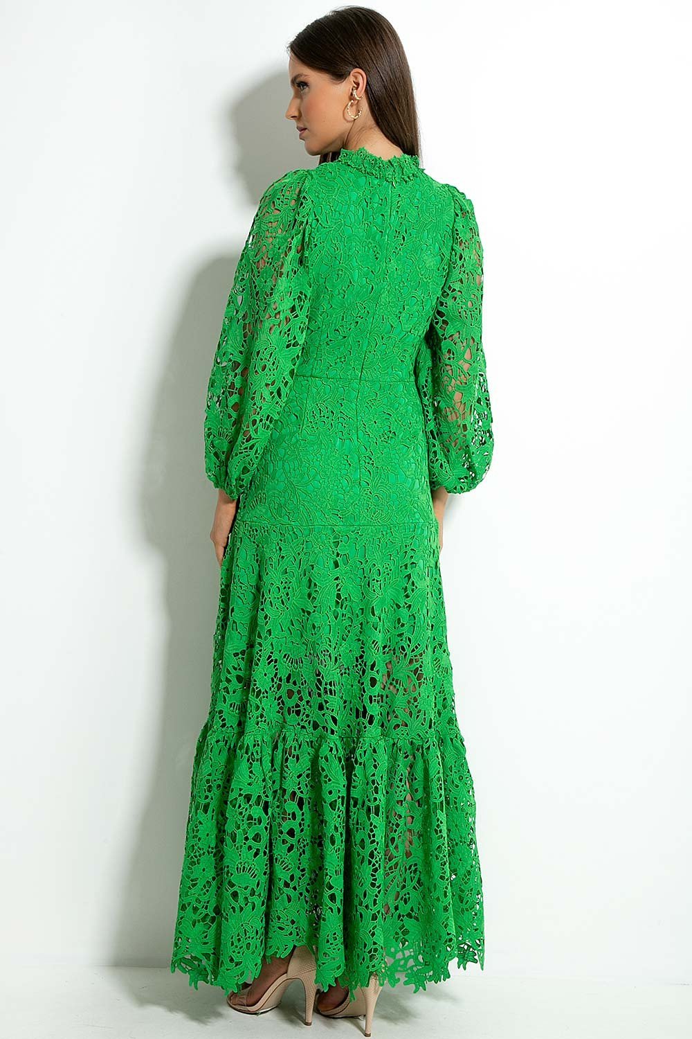 Guipure Lace Mock Neck Bishop Sleeve Tiered Ruffle Hem Maxi Dress