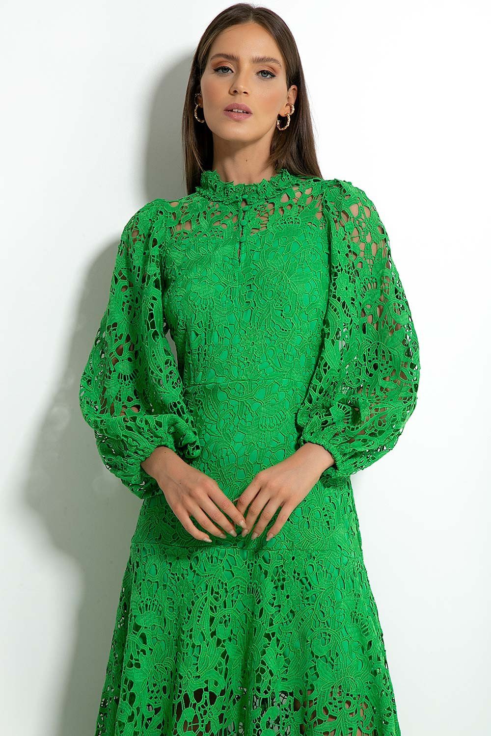 Guipure Lace Mock Neck Bishop Sleeve Tiered Ruffle Hem Maxi Dress