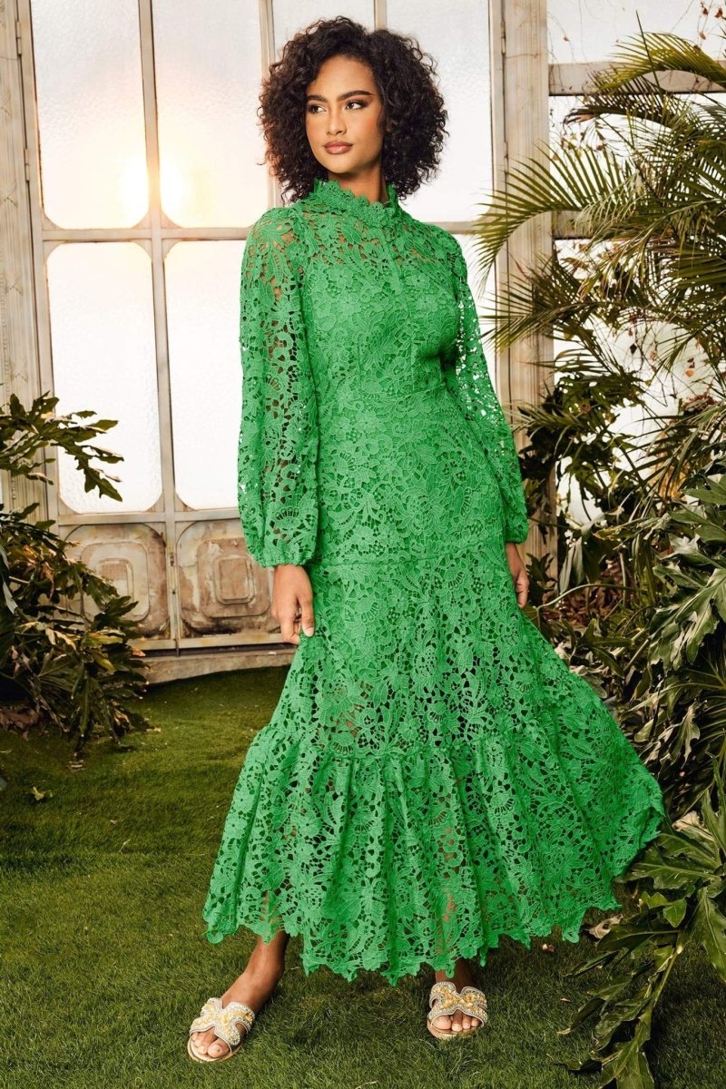Guipure Lace Mock Neck Bishop Sleeve Tiered Ruffle Hem Maxi Dress