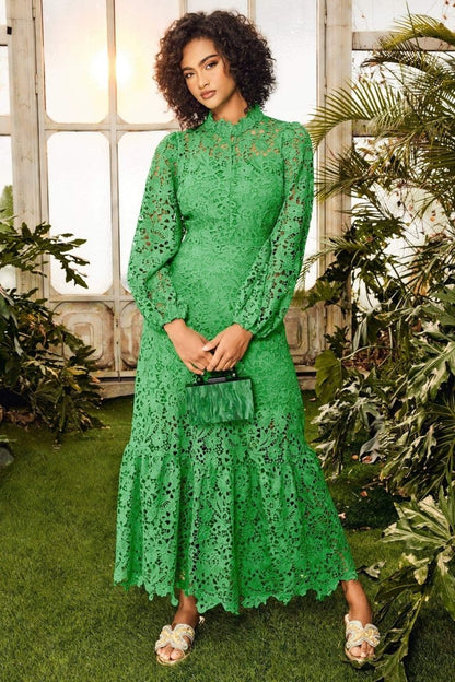 Guipure Lace Mock Neck Bishop Sleeve Tiered Ruffle Hem Maxi Dress