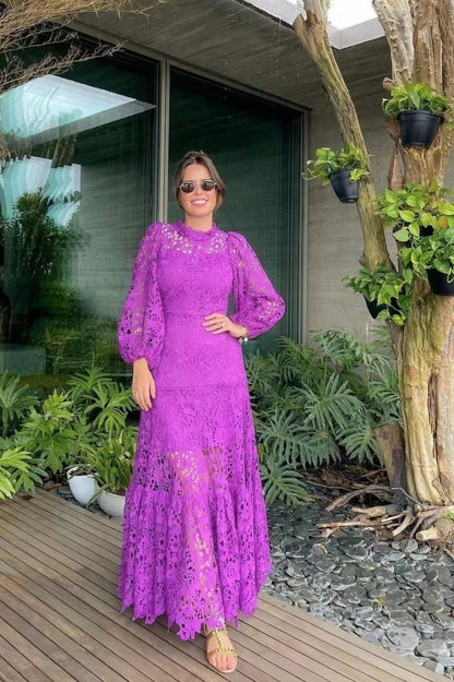 Guipure Lace Mock Neck Bishop Sleeve Tiered Ruffle Hem Maxi Dress