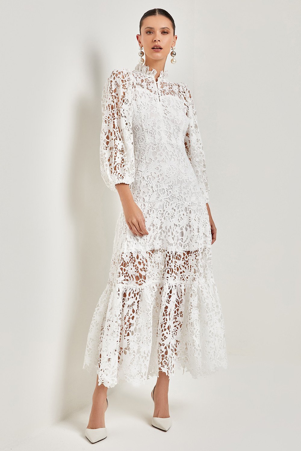 Guipure Lace Mock Neck Bishop Sleeve Tiered Ruffle Hem Maxi Dress