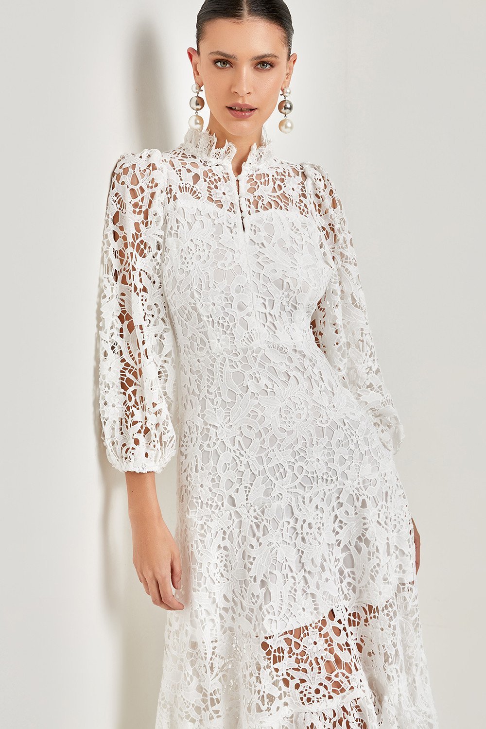 Guipure Lace Mock Neck Bishop Sleeve Tiered Ruffle Hem Maxi Dress