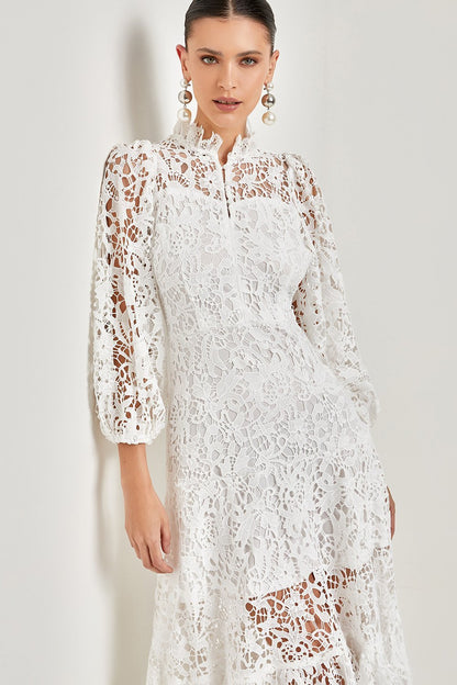Guipure Lace Mock Neck Bishop Sleeve Tiered Ruffle Hem Maxi Dress