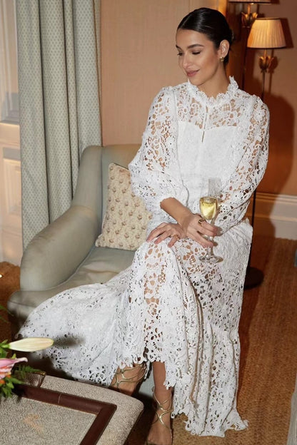 Guipure Lace Mock Neck Bishop Sleeve Tiered Ruffle Hem Maxi Dress