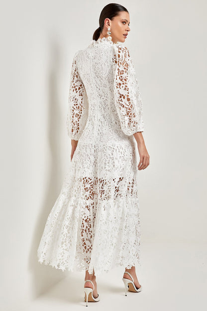 Guipure Lace Mock Neck Bishop Sleeve Tiered Ruffle Hem Maxi Dress