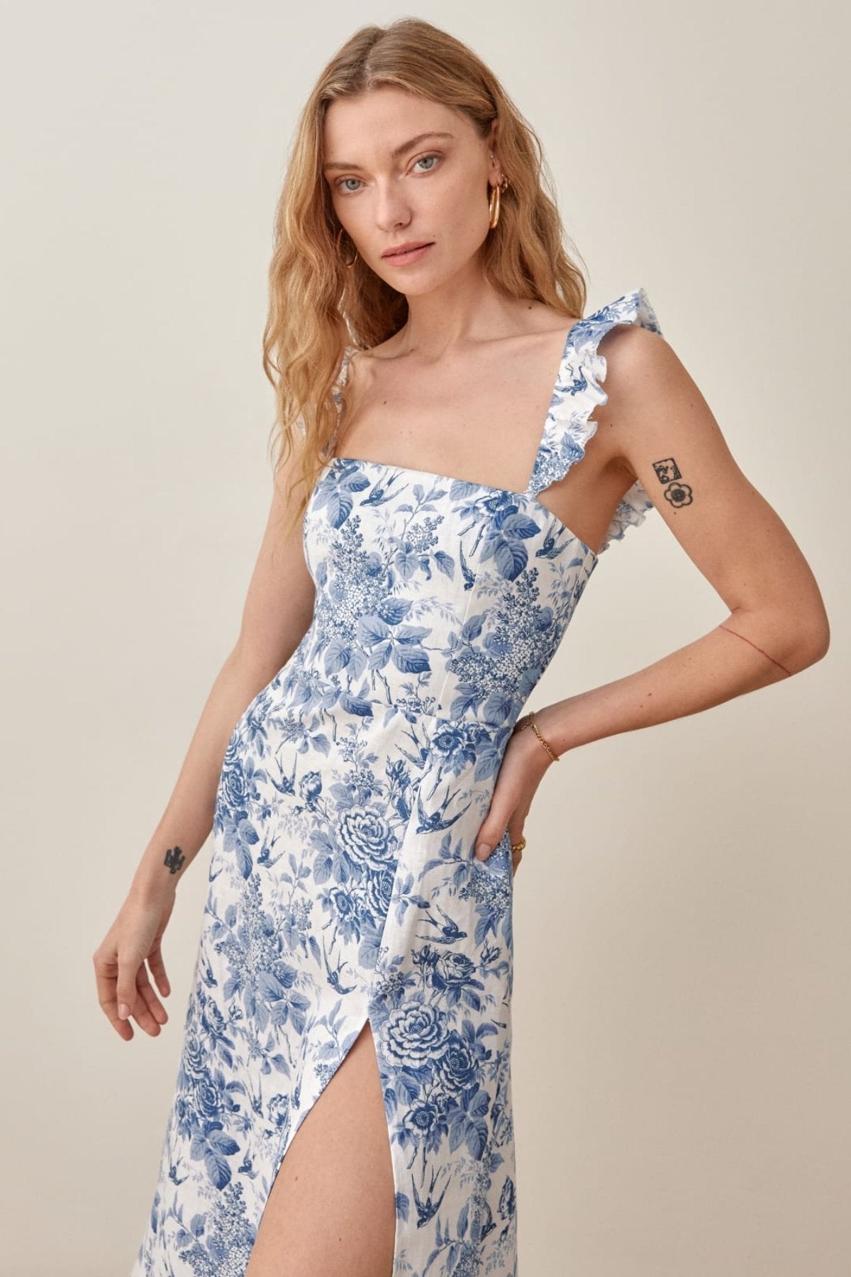 Botanical Toile Print Square Neck Ruffle Strap Side Slit Midi Dress