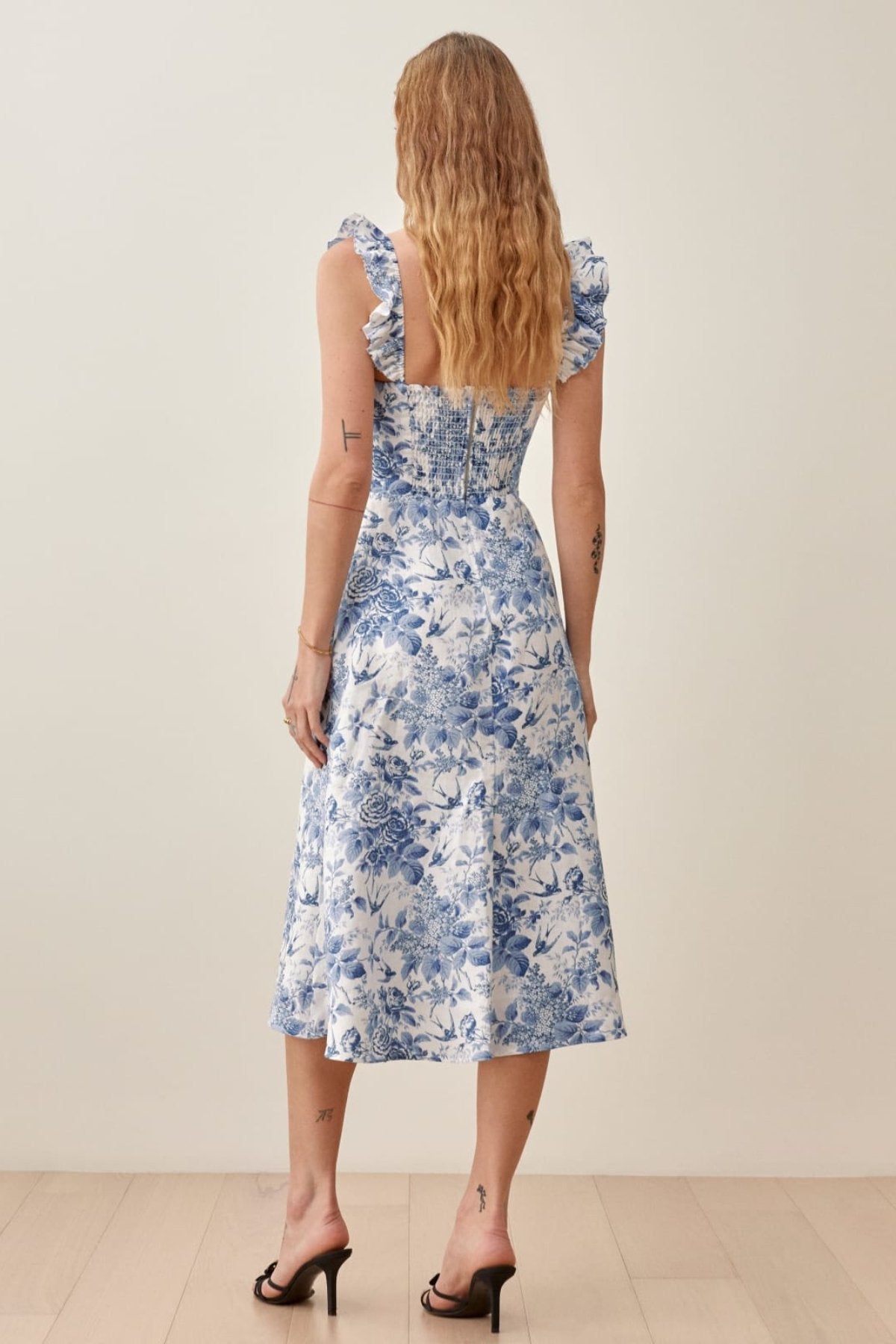 Botanical Toile Print Square Neck Ruffle Strap Side Slit Midi Dress
