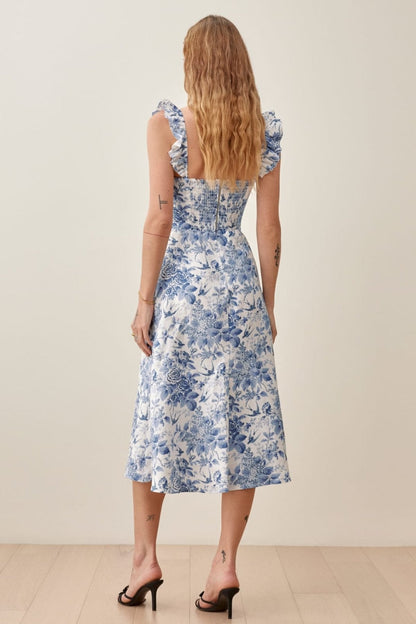 Botanical Toile Print Square Neck Ruffle Strap Side Slit Midi Dress