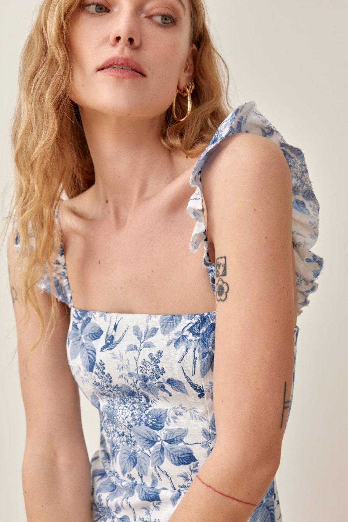 Botanical Toile Print Square Neck Ruffle Strap Side Slit Midi Dress
