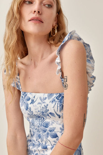 Botanical Toile Print Square Neck Ruffle Strap Side Slit Midi Dress