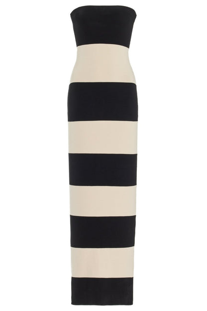 Horizontal Stripe Strapless Bodycon Knit Maxi Dress