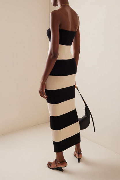 Horizontal Stripe Strapless Bodycon Knit Maxi Dress