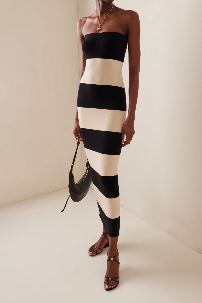 Horizontal Stripe Strapless Bodycon Knit Maxi Dress