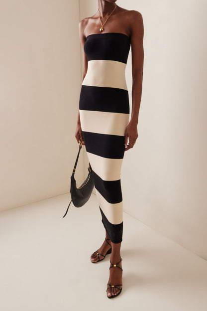 Horizontal Stripe Strapless Bodycon Knit Maxi Dress