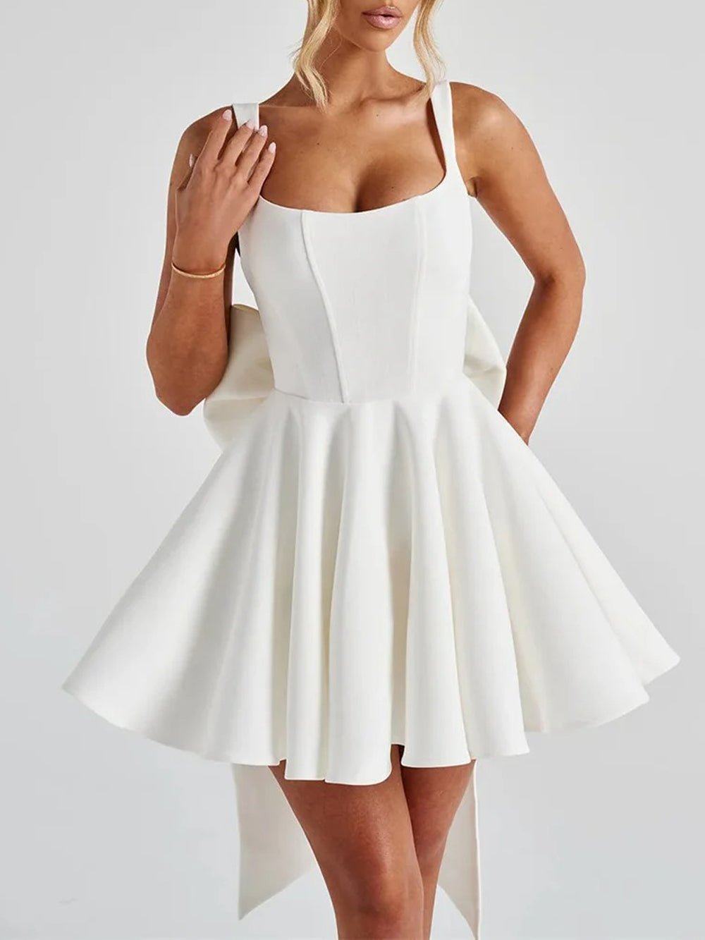 Corset Bodice Square Neck Pleated Back Bow Train Fit and Flare Mini Dress