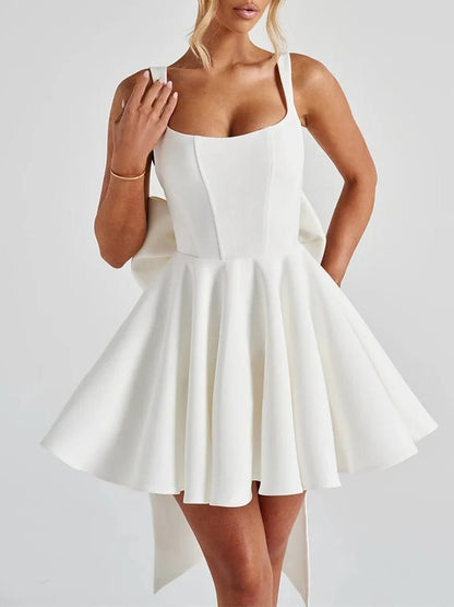 Corset Bodice Square Neck Pleated Back Bow Train Fit and Flare Mini Dress